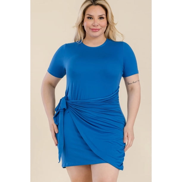Vestido Mini De Talla Grande Con Mangas Cortas Lazo Lateral Y Parte Delantera Cruzada De Color Liso