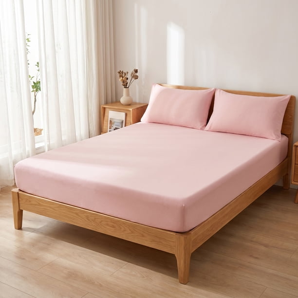 Sábana ajustable, sábanas de algodón sólido, suaves y transpirables para máxima comodidad y estilo Rosa cremoso 60.2x79.9 pulgadas