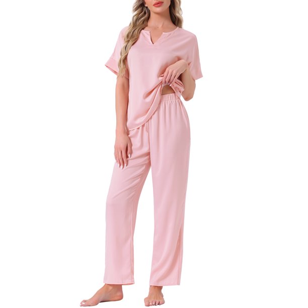 INSPIRE CHIC Pijamas de Satén para Mujer Camisa de Manga Corta de Seda con Cuello en V y Pantalón Largo Conjunto de Ropa de Dormir Suave S Rosa