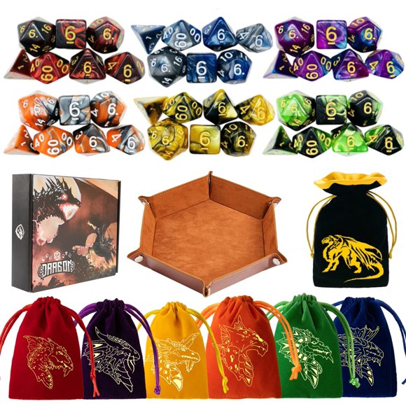 Juego de dados DND PUGED 42 poliédricos con bolsas y bandeja para D&D RPG