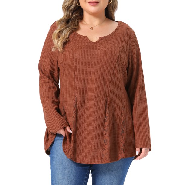 Agnes Orinda Conjuntos de Halloween Blusa de Mujer Talla Grande Tejido de Gofre Cuello en V con Encaje Manga Larga Casual Diario Peplum 2X Óxido