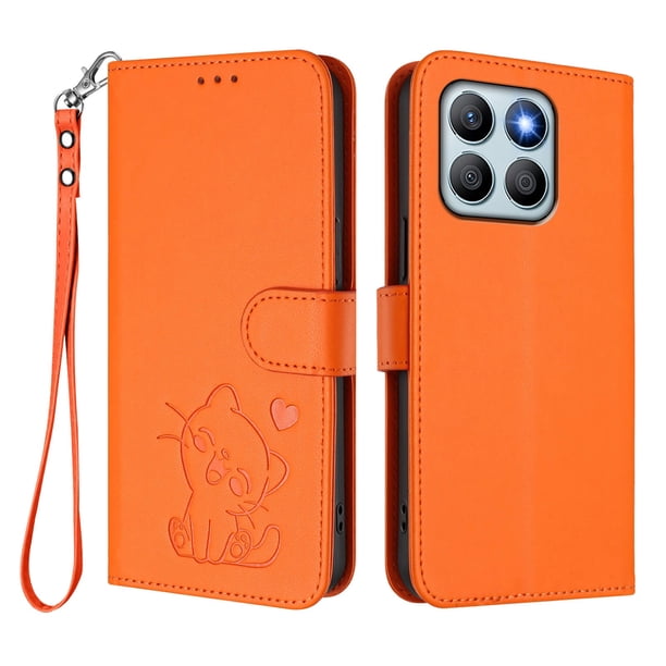 Honor X8B 4G Funda Billetera con Estampado de Gato, Naranja