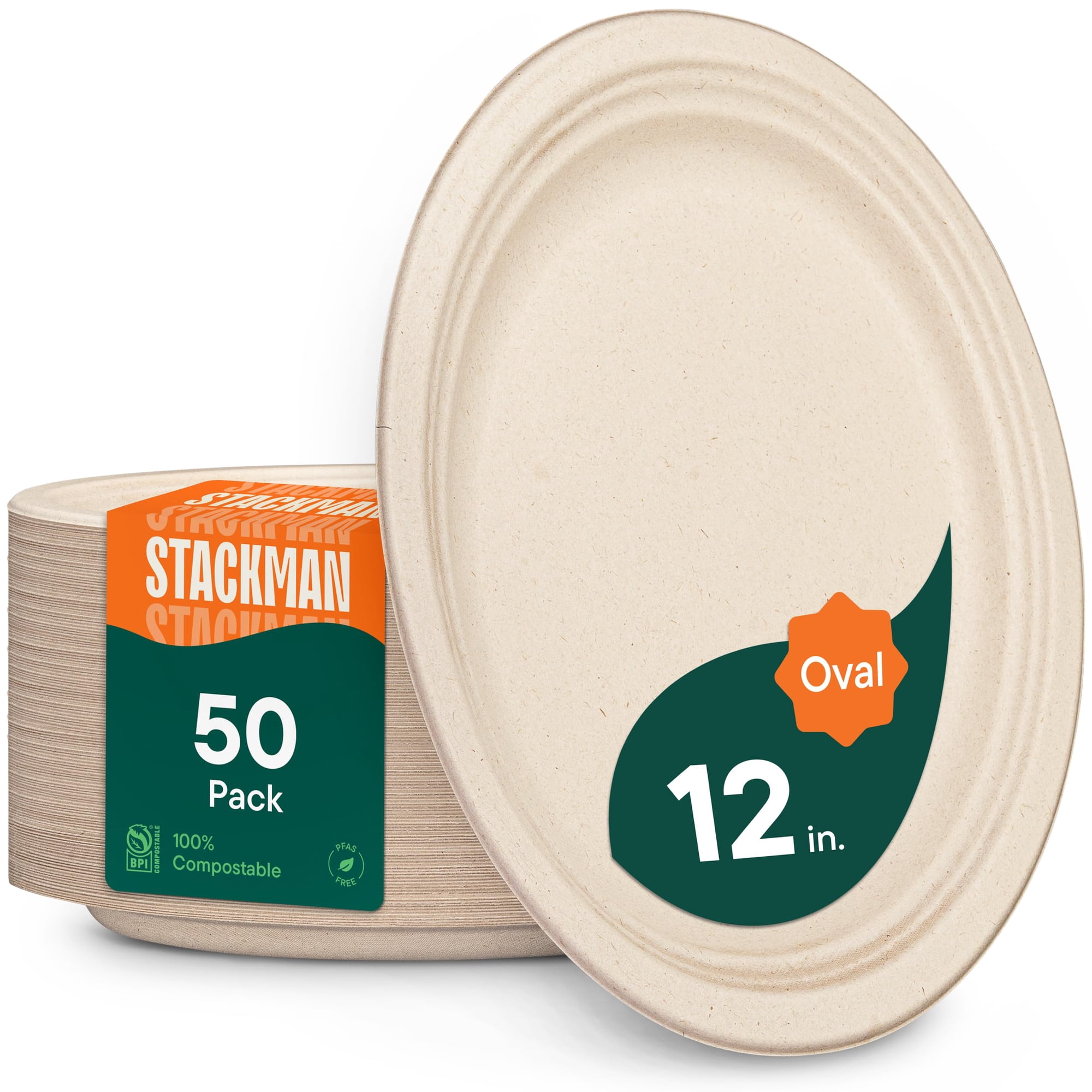 Platos Ovalados De Papel Stack Man 100% Compostables [paquete De 50]