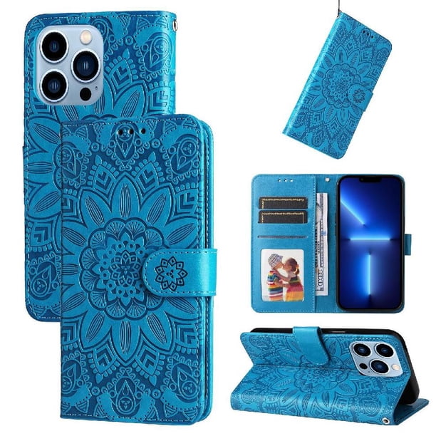 Funda tipo cartera FOXDOCK para iPhone 13 Pro Max , diseño girasol en relieve, cuero PU, cierre magnético, soporte y tarjetero