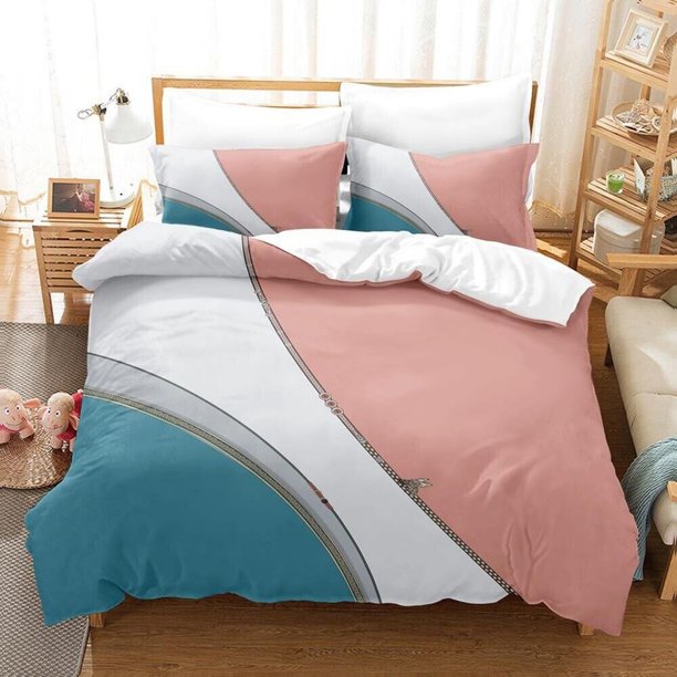 Simple Style Pink White Blue Color Block Quilt Duvet Cover Set Soft3-Piece Bedding Set