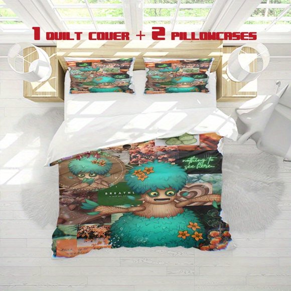 3pcs Singing Monster Patchwork Print Bedding Set Soft Duvet Cover and Two Pillowcases