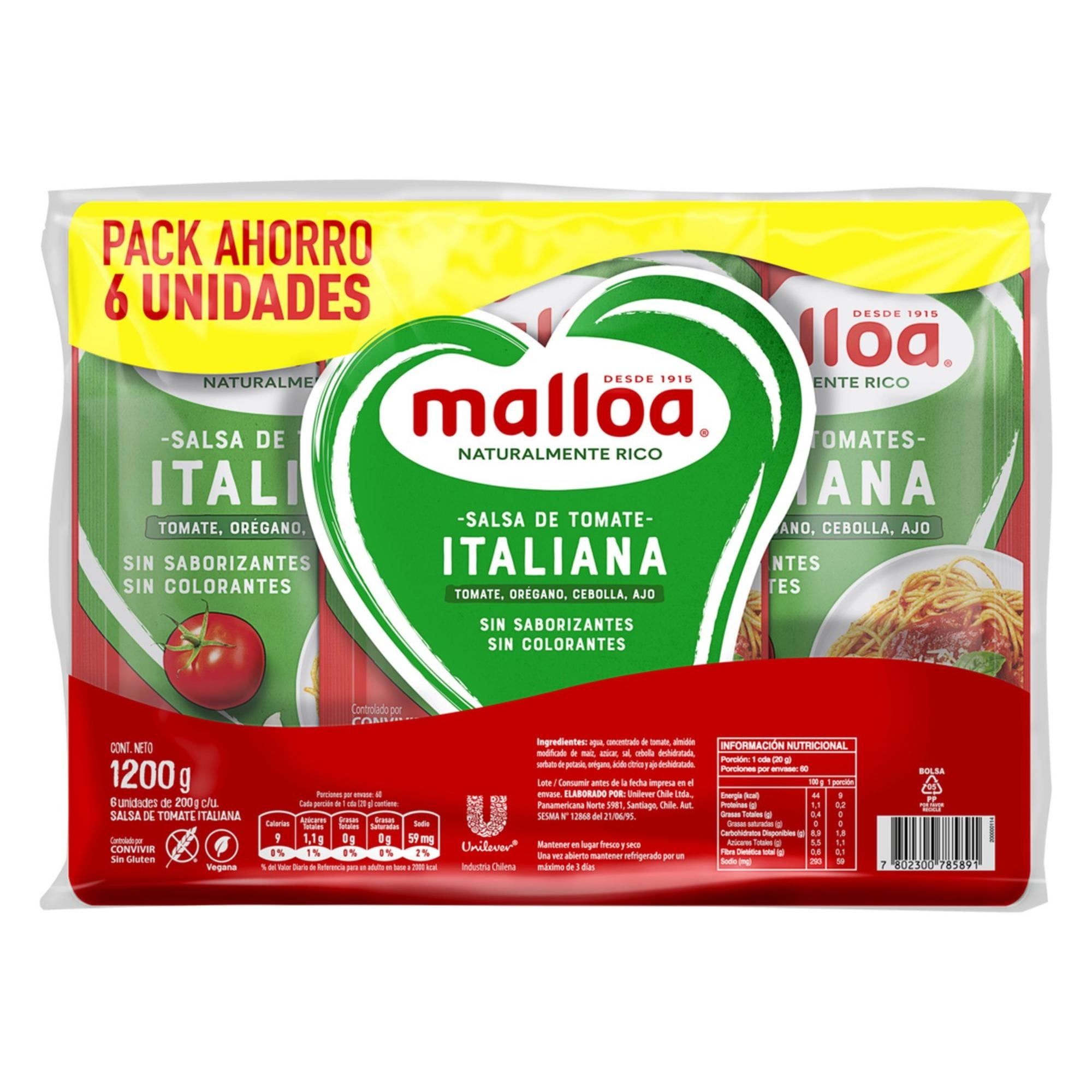 Salsa De Tomate Italiana Pack 6 Un Bolsa 200 g Malloa