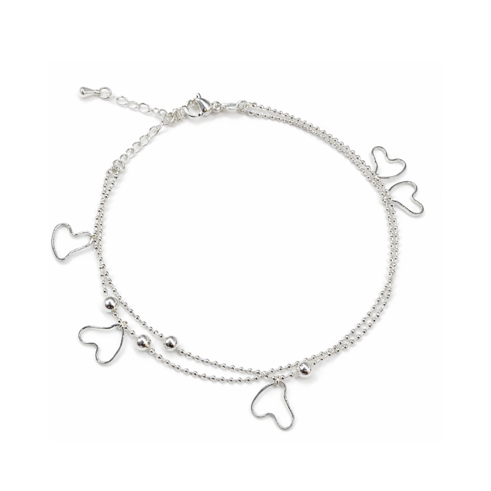 Fershop - Tobillera Doble Cadena Ovalos Corazones Colgantes