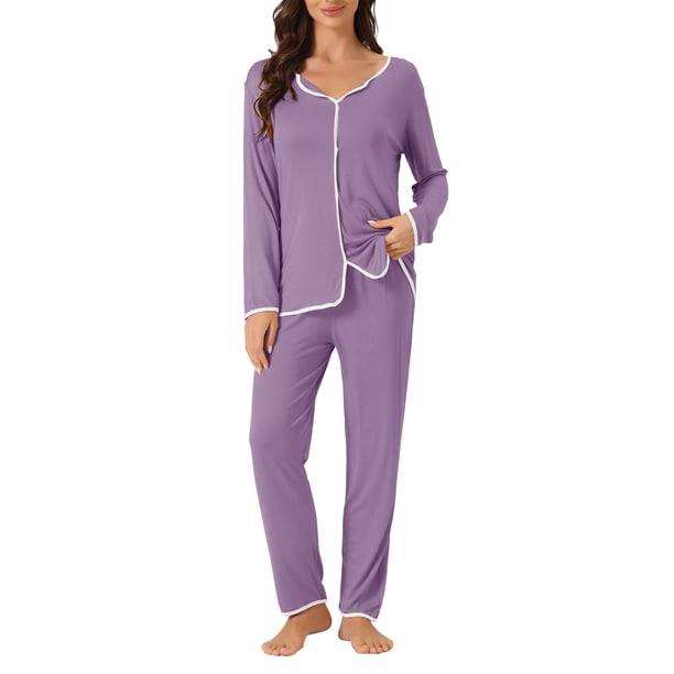 INSPIRE CHIC Conjunto de Pijama de Mujer de Rayón con Manga Larga y Cuello con Muesca, Ropa de Dormir con Ribete en Contraste, Conjunto de Pantalones Suaves para Estar en Casa M Púrpura