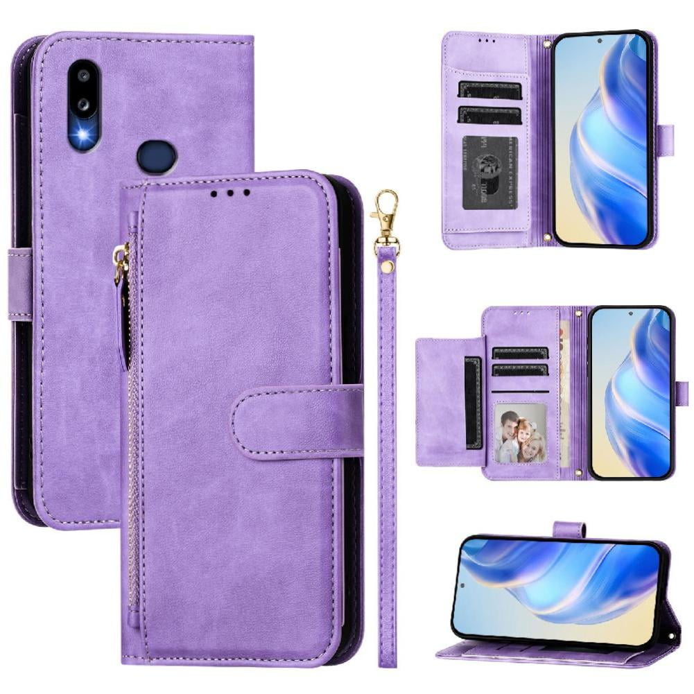 Foxdock - Funda Tipo Billetera Para Samsung Galaxy A10s Con Cremallera Portatarjetas Soporte Correa De Muñeca Cuero Púrpura