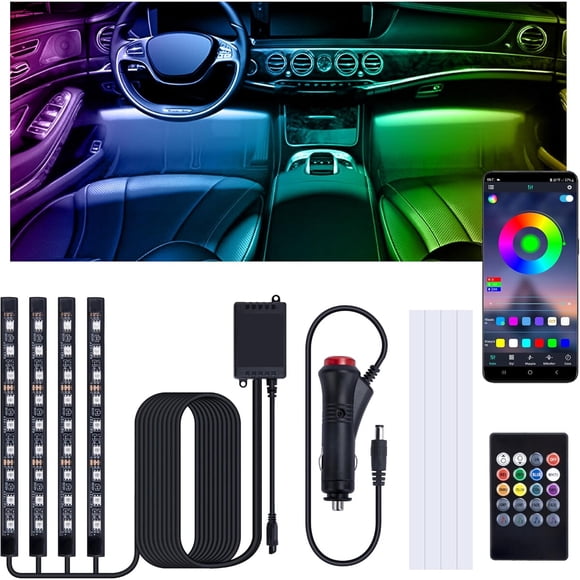 Luz LED Interior Auto Sixzoo 4un RGB Bluetooth Adaptador