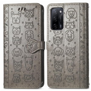 Funda Cartera Foxdock Para Oppo A55 5G , Flip Pu Con Relieve De Gatos Y Perros, Tarjetero Y Soporte