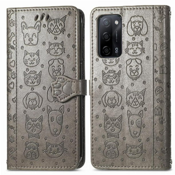 Funda Cartera FOXDOCK para OPPO A55 5G , Flip PU con Relieve de Gatos y Perros, Tarjetero y Soporte