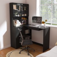 M&Ms - Computer Desk With Glass Cabinets & Built-In Led Lights, Corner L-Shaped Office Desk With Usb Charging Ports, Keyboard Tray, Ergonomic Design For Home And Corporate Workspaces(Black)