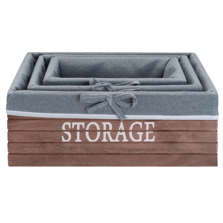 Vgo - Canasto Set De 3 Cont. En Madera Con Tela Café