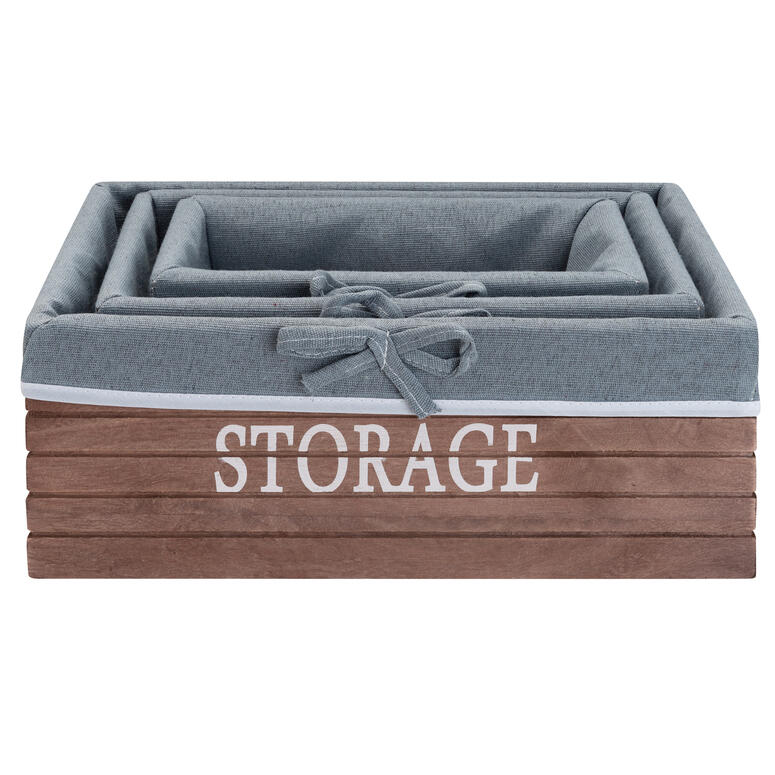 Vgo - Canasto Set De 3 Cont. En Madera Con Tela Café