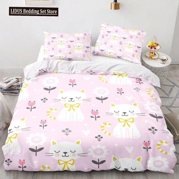 x393 Bed SheetsCartoon Animal Cat Duvet Cover Large Print Size Quilt Cover Bedding Set Set 3-Piece Bedding Set (1 Duvet Cover + 2 Pillow Shams) nj393