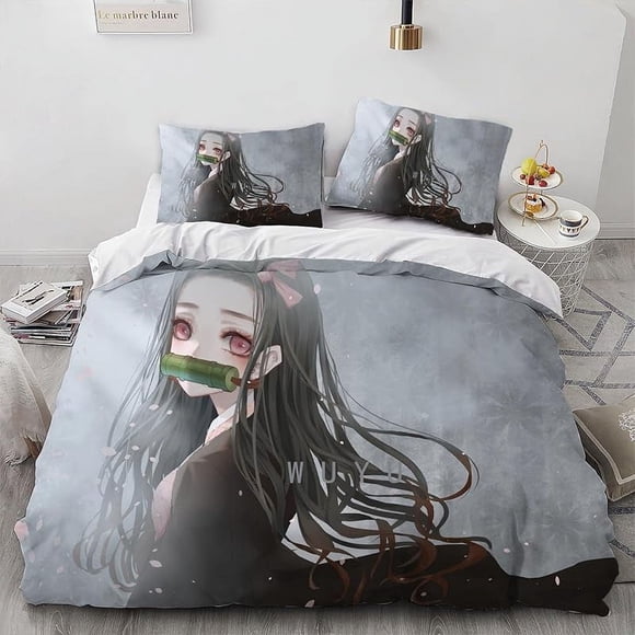 Dem-on- Kill-er Ne-Zuko An-ime Girl Duvet Cover- Set 100% -Microf-iber Bedding- Sets 3 Pieces- Ultra S-oft Skin-Friendly -Comforter -Cover Se-t