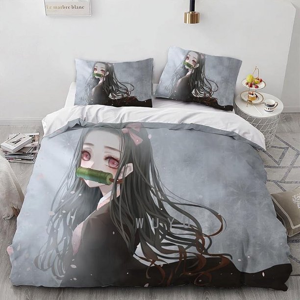 Dem-on- Kill-er Ne-Zuko An-ime Girl Duvet Cover- Set 100% -Microf-iber Bedding- Sets 3 Pieces- Ultra S-oft Skin-Friendly -Comforter -Cover Se-t