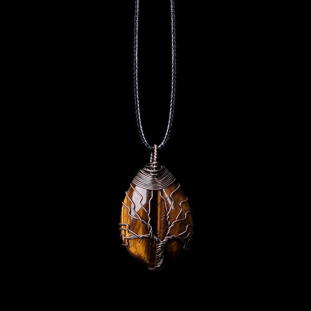 Healing Stones Tree of Life Necklace with Tiger Eye and Amethyst Crystals - Chakra Jewelry for Men and Women - Copper Wire Wrap Gemstone Pendant