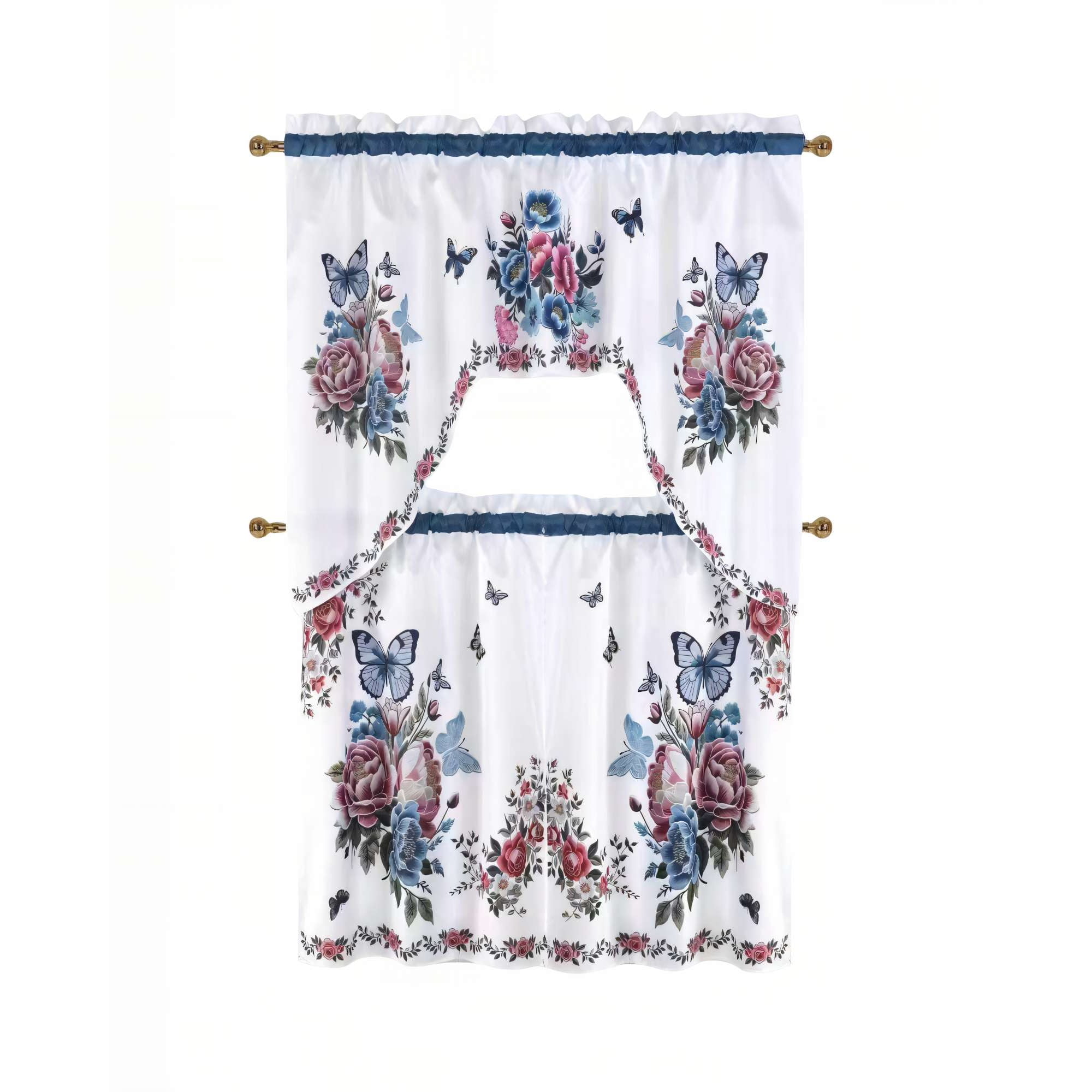 Genérico - Juego De Cortina 3 Piezas Para Cocina Con Diseño Color Blanco Con Detalles En Azul