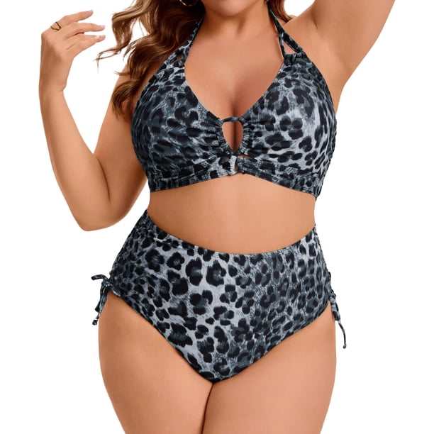 Agnes Orinda Conjunto de Bikini de Dos Piezas para Mujer Talla Grande con Espalda Halter y Lazo, Corte Curvo, Traje de Baño de Playa Piscina L Leopardo Gris