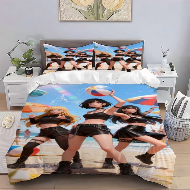 3pcs Idol Girl Group Anime Illustration Digital Print Set Polyester Light Beige-Friendly Fabric