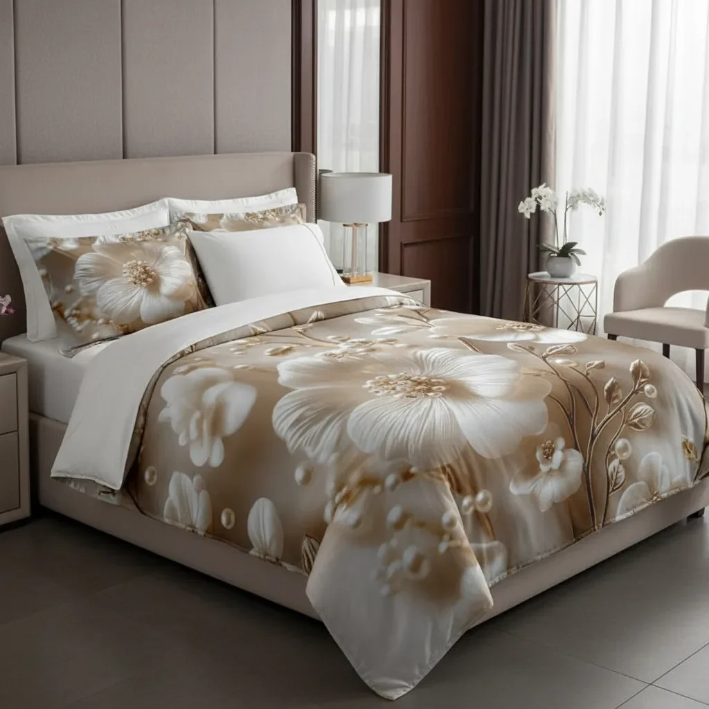 Casadeliacl - Cubrecama 5d Tfi Para Colchón 2 Plazas, Diseño Elegante Beige 5