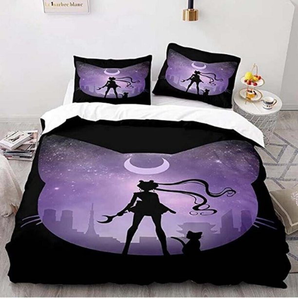 Sailor Moon Cartoon Girls Quilt Duvet Cover Set Bedroom Decor 3-Piece Bedding Set