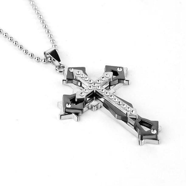 Handsome Men's Zircon Cross Pendant Necklace - Exquisite Three Layer Titanium Steel Jewelry for Classic Style and Holiday Gift