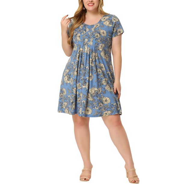 GRACE & GRANDEUR Vestido midi de verano plisado floral de manga corta y cuello redondo para mujer de talla grande 2X Azul