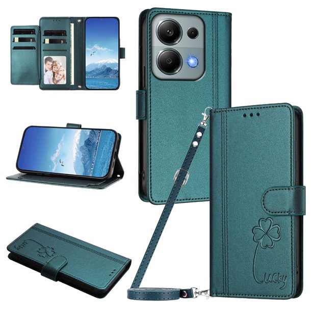 Funda Cartera Trébol para Xiaomi Redmi Note 13 Pro 4G con Ranuras Tarjetas y Carga Inalámbrica Verde oscuro
