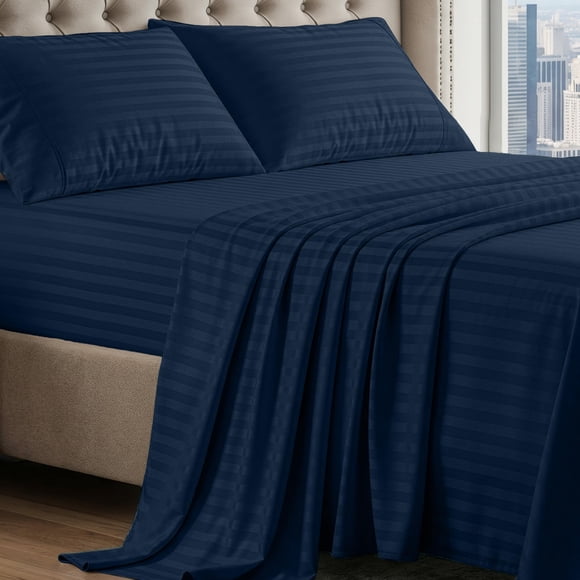 Juego de sábanas LANE LINEN 100% algodón egipcio Queen Navy Stripe