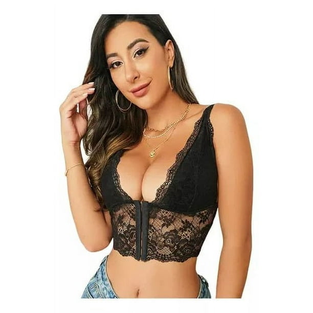 Top Crop De Encaje Para Mujer Broches Delanteros Peto Escote