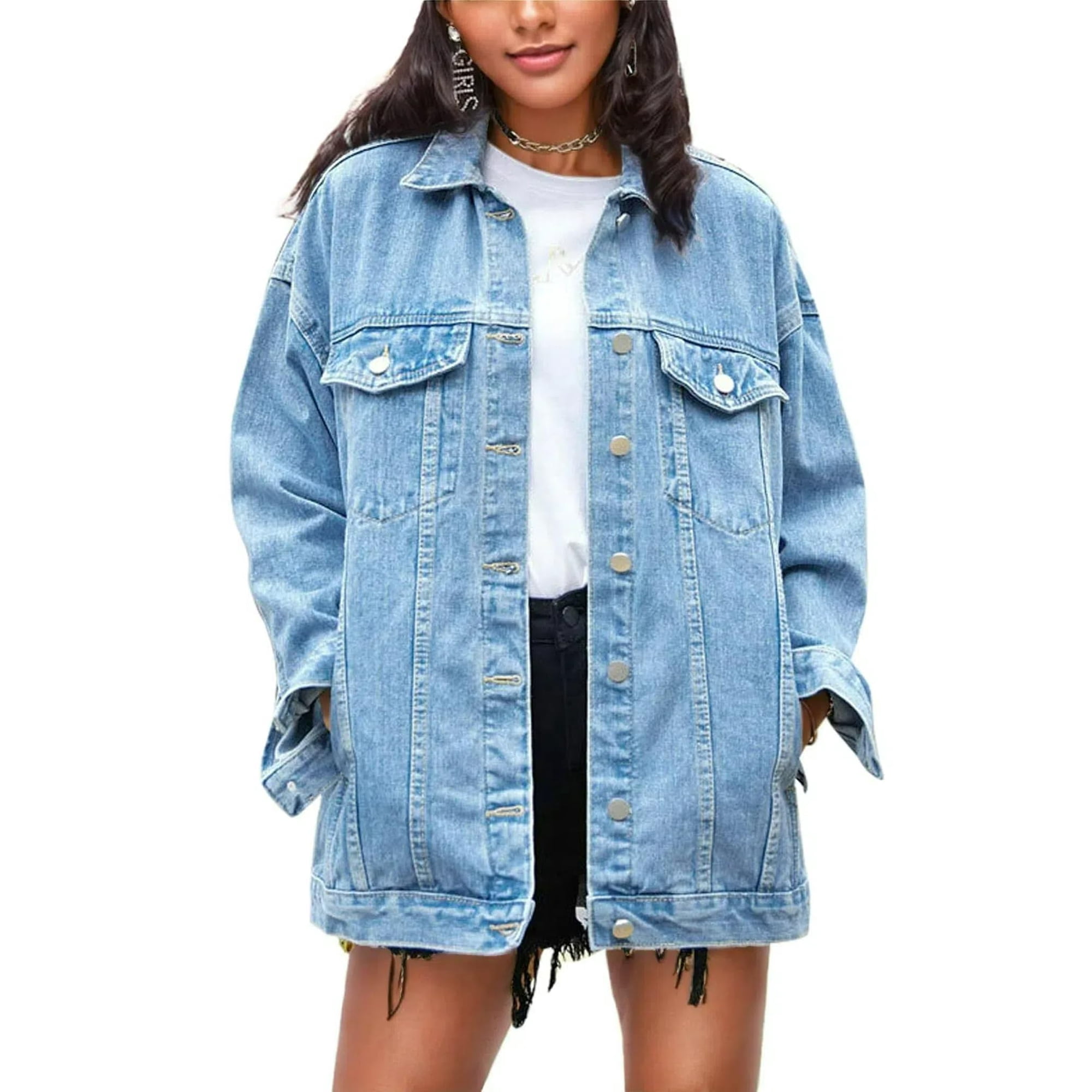 Chaqueta Vaquera Omoone Para Mujer, Extragrande, De Longitud Media, Azul Xl