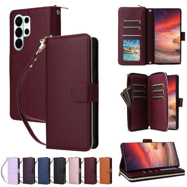 Funda Cartera con Cremallera y Correa para Samsung Galaxy S26 Ultra 5G Soporte y Tarjetero Rojo