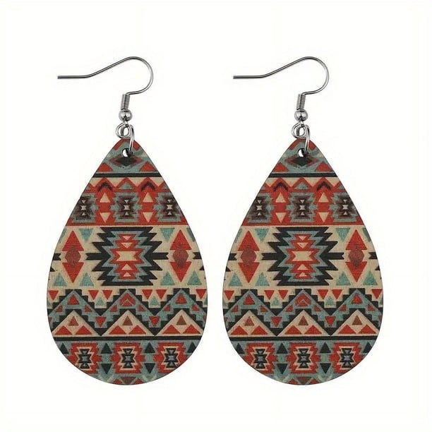 Bohemian Pattern Leather Earring Teardrop PU Dangle Party Earrings For Women Girls