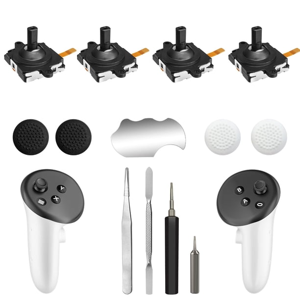Kit de reemplazo de joystick 13 en 1 para controlador Meta Quest 3, con 4 joysticks, destornillador, pinzas, herramienta de palanca, 4 tapas de agarre para pulgar