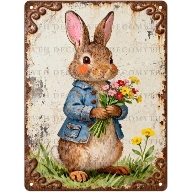 Letrero estaño metal conejo Pascua vintage conejo flor huevo primavera arte pared hogar granja cocina dormitorio 20x30cm