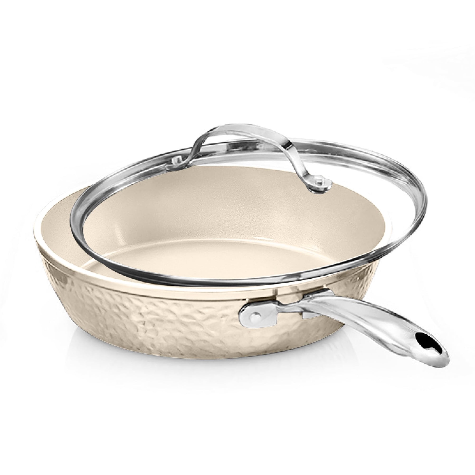 Gotham Steel - Sartenes Gotham De Acero Martillado, 26 Cm, Antiadherentes, Con Tapa, Color Crema