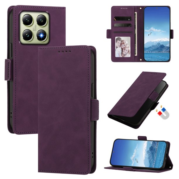 Funda Billetera Delgada para Xiaomi 14T con Ranuras y Soporte Morado oscuro