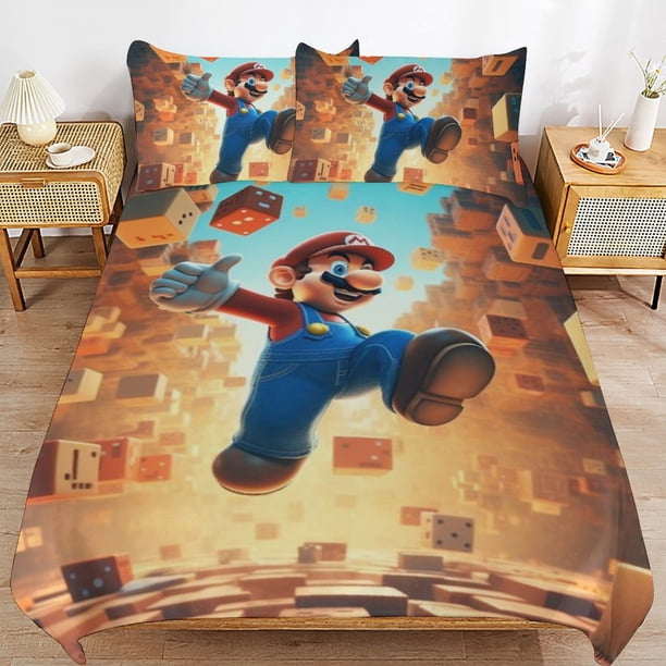 Super Mario 3-Piece Comforter Set for Bedroom Super Mario Bedding Set for Kids Adults Soft Microfiber Duvet Cover Set with Zipper Closure