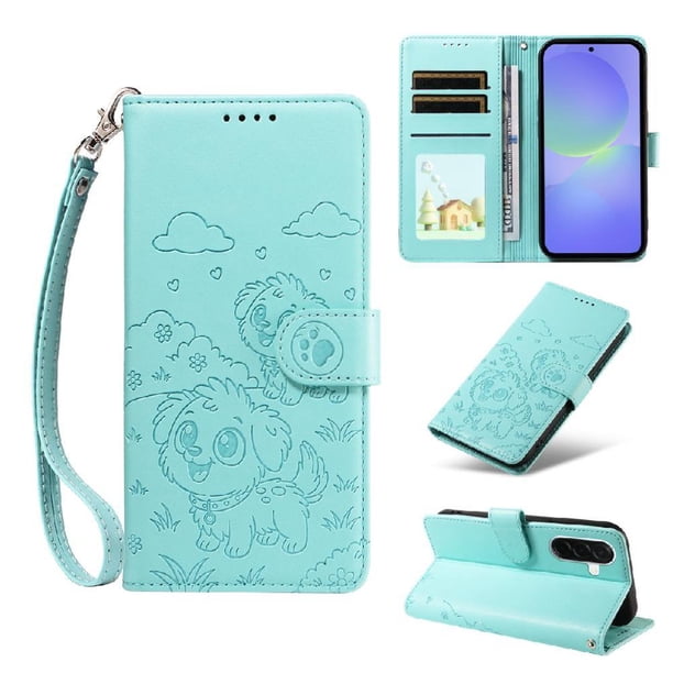 Funda Cartera para Samsung Galaxy A37 Perro Cachorro Grabado con Tarjetas Soporte Correa Verde