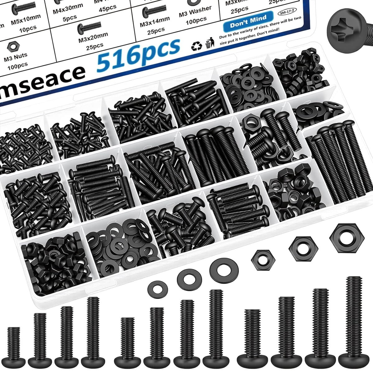 Kit Pernos Tuercas Smseace 516pcs M3m6 Acero Negro
