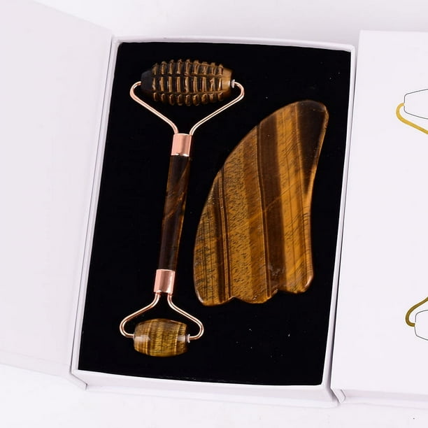 Tiger Eye Sawtooth Roller Shoulder Neck Massager Natural Stone Face Care Gua Sha Massage Set Tool acupuncture Health Beauty