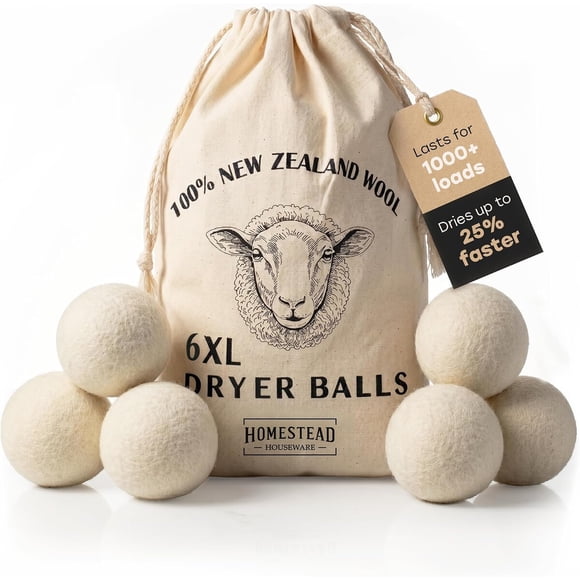 XL Wool Dryer Balls 6-Pack, 100% New Zealand Wool, Natural Fabric Softener
