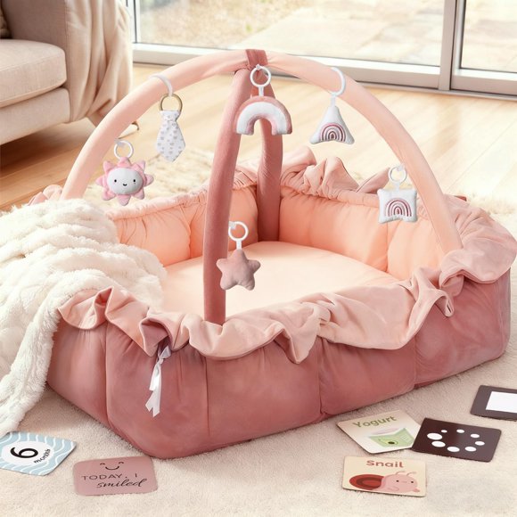 Gimnasio de Juego para Bebé Mallify 5 en 1 de Peluche Rosa con Mantita