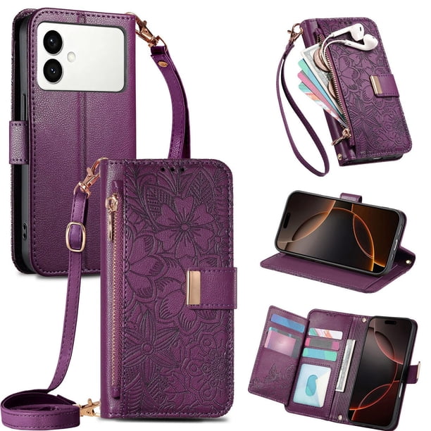 Funda tipo cartera de piel sintética FOXDOCK para Samsung Galaxy S26 Edge – Resistente a golpes y a las interferencias RFID – Correa de mano larga Púrpura