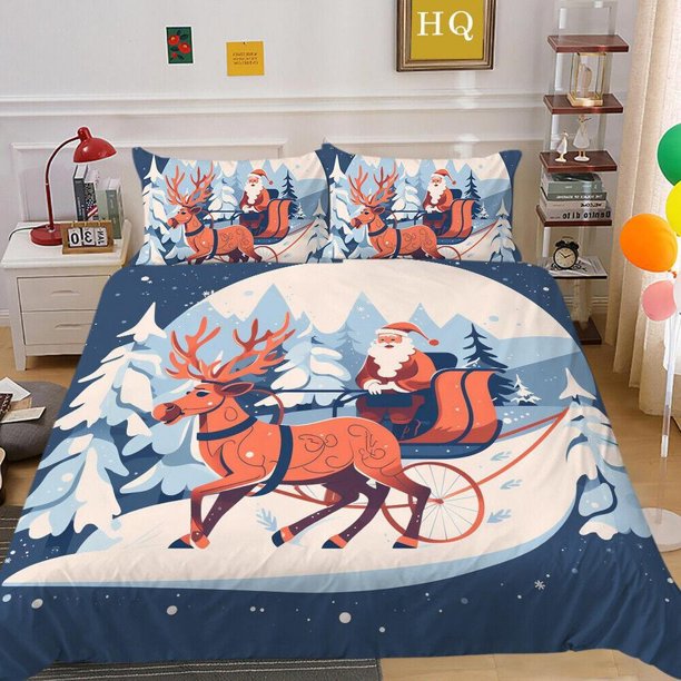 Cartoon Snow Christmas Tree Santa Claus Reindeer Quilt Duvet Cover Set3-Piece Bedding Set