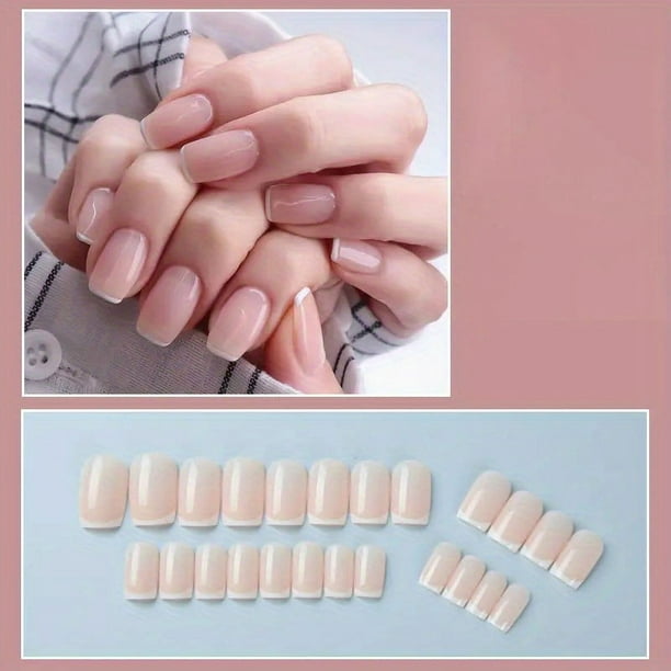24pcs Pink French Tip Press On Nails Medium Square Fake Nails Glossy Full Cover Glitter Powder Stick On Nails False Nails With White Edge Design, Artificial Acrylic Nails With Glue Sticker For Women G